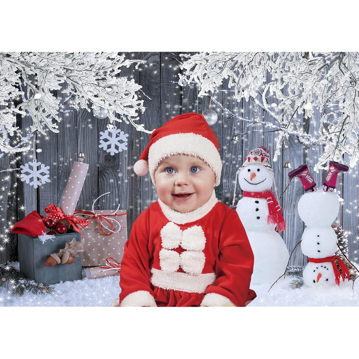 LTLYH 8x6ft Christmas Photography Backdrop Christmas Winter Snowman Santa Gifts Wood Decoration Background Christmas Eve Holiday Party Banner Decorations Background 194