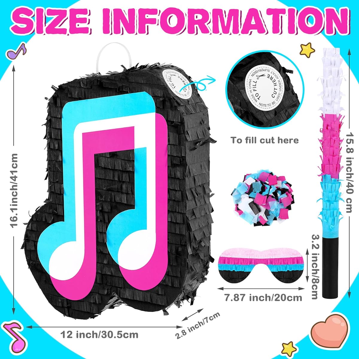 Small Music Party Pinata Birthday Party Decoration DJ Short Video Party Social Media Theme Party Baby Shower with Wooden Stick Paper Blindfold Confetti Set for Boys Girls Adults 16.1 x 12 x 2.8 inches