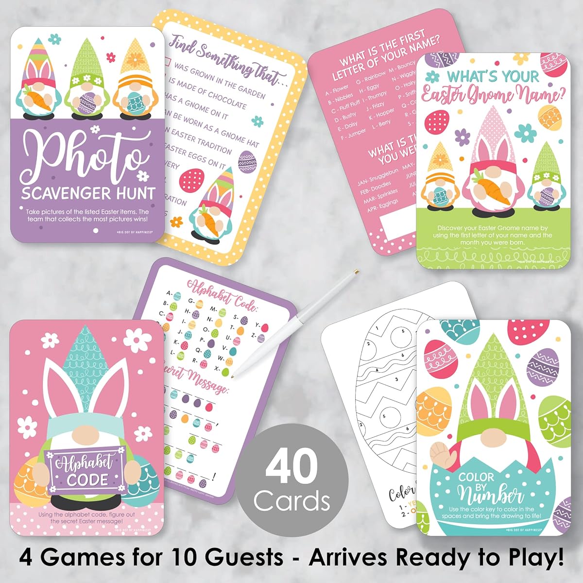 Happy Big Polka Dot Easter Gnome - 4 Spring Bunny Party Games - 10 Cards Each - Gamerific Bundle