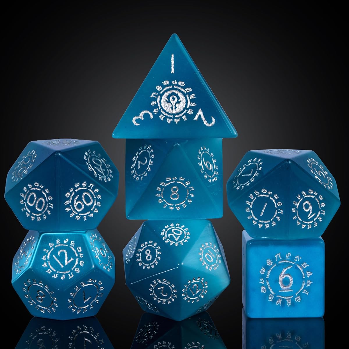 UDIXI Natural Gemstone Dice Set, Crystal DND Dice for Dungeons and Dragons, Handmade Stone Dice for MTG Table Game (Loose Blue Cat's Eye)