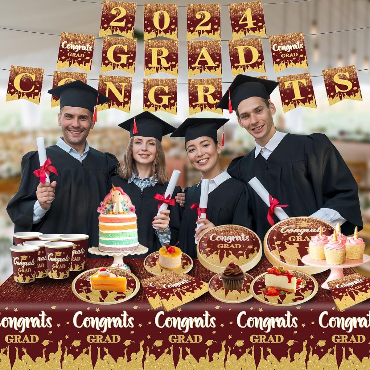 Congrats Grad Banner Graduation Decorations Class of 2024 Graduation Decorations Congratulations Graduation Graduation Plates and Napkins Graduation Party Decorations (Red)