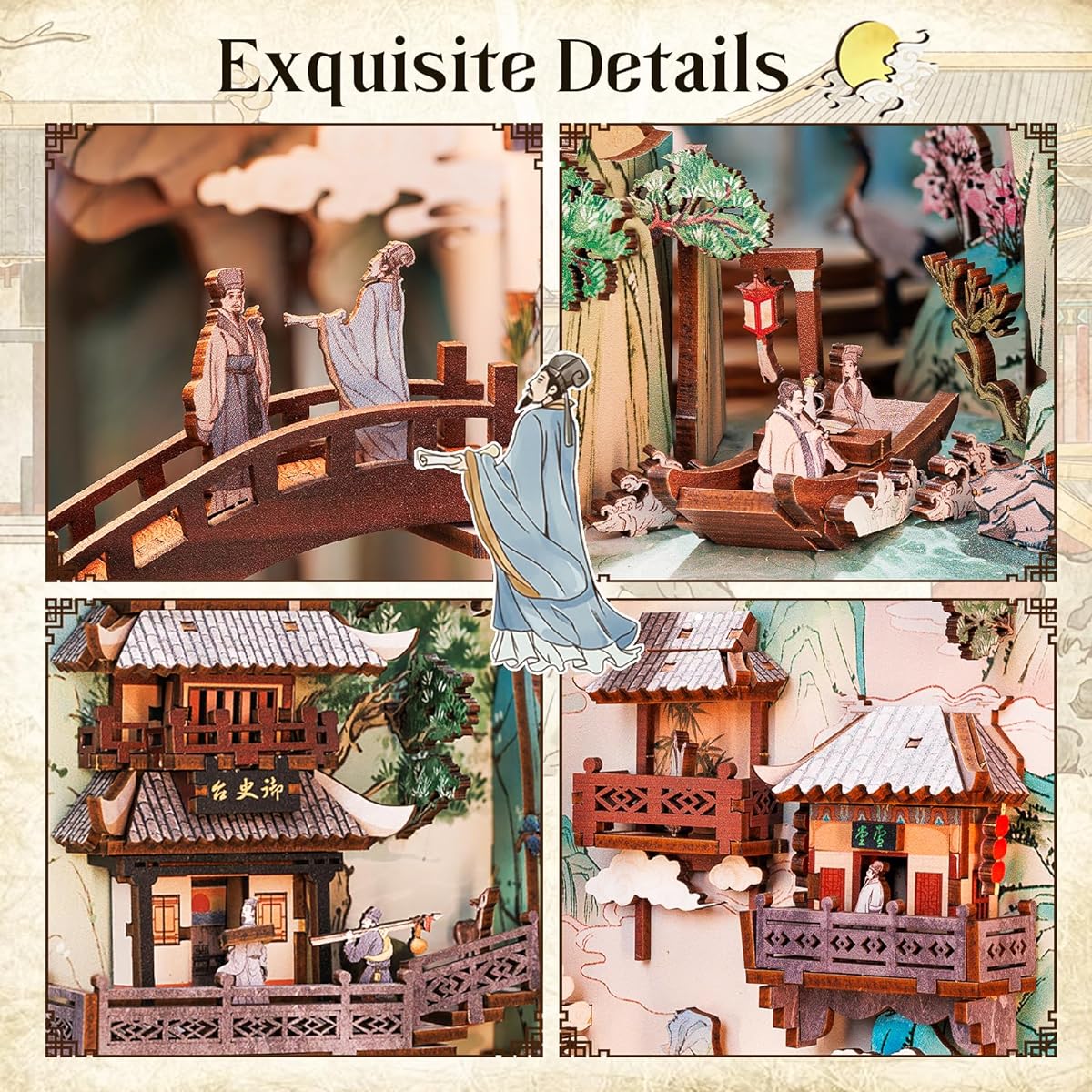 CUTE BEE-Book Nook Kit DIY Wooden Educational Playhouse LED Switching Light Miniature House Handmade for Beginners and Teens to Make Independently Great Gift (Depicts the Life of Su Shi, a Poet from the Song Dynasty)