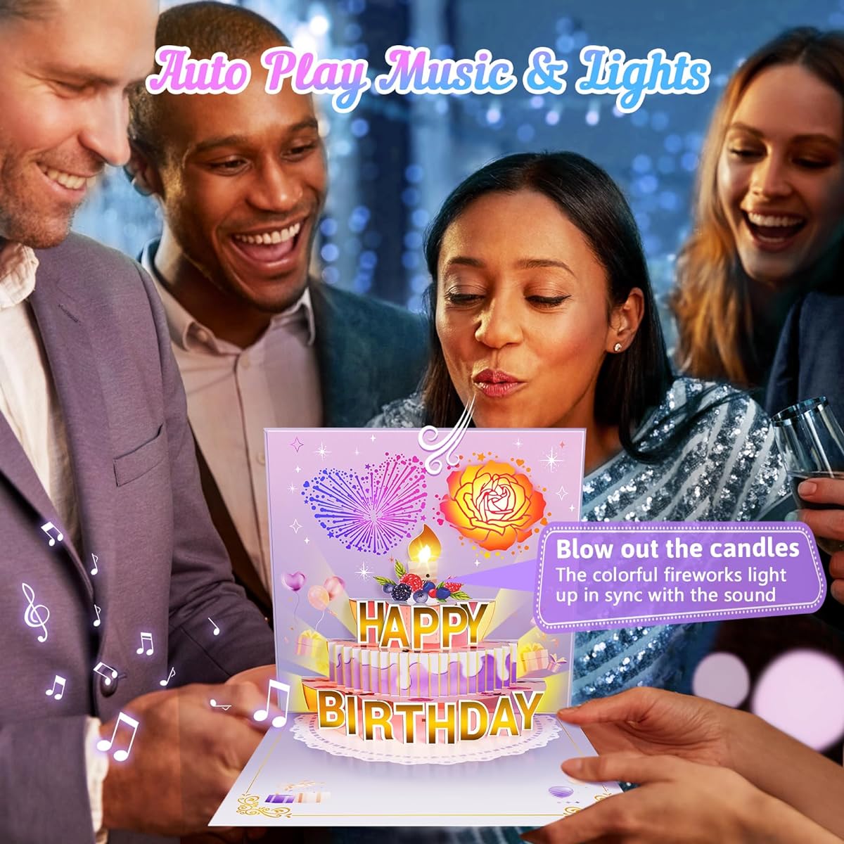 FITMITE Birthday Cards Musical Pop Up Happy Birthday Card with Light and Blowout Candles Birthday Gifts for Women Wife Sister Friend Kids Birthday Greeting Card with Envelope Purple Gold