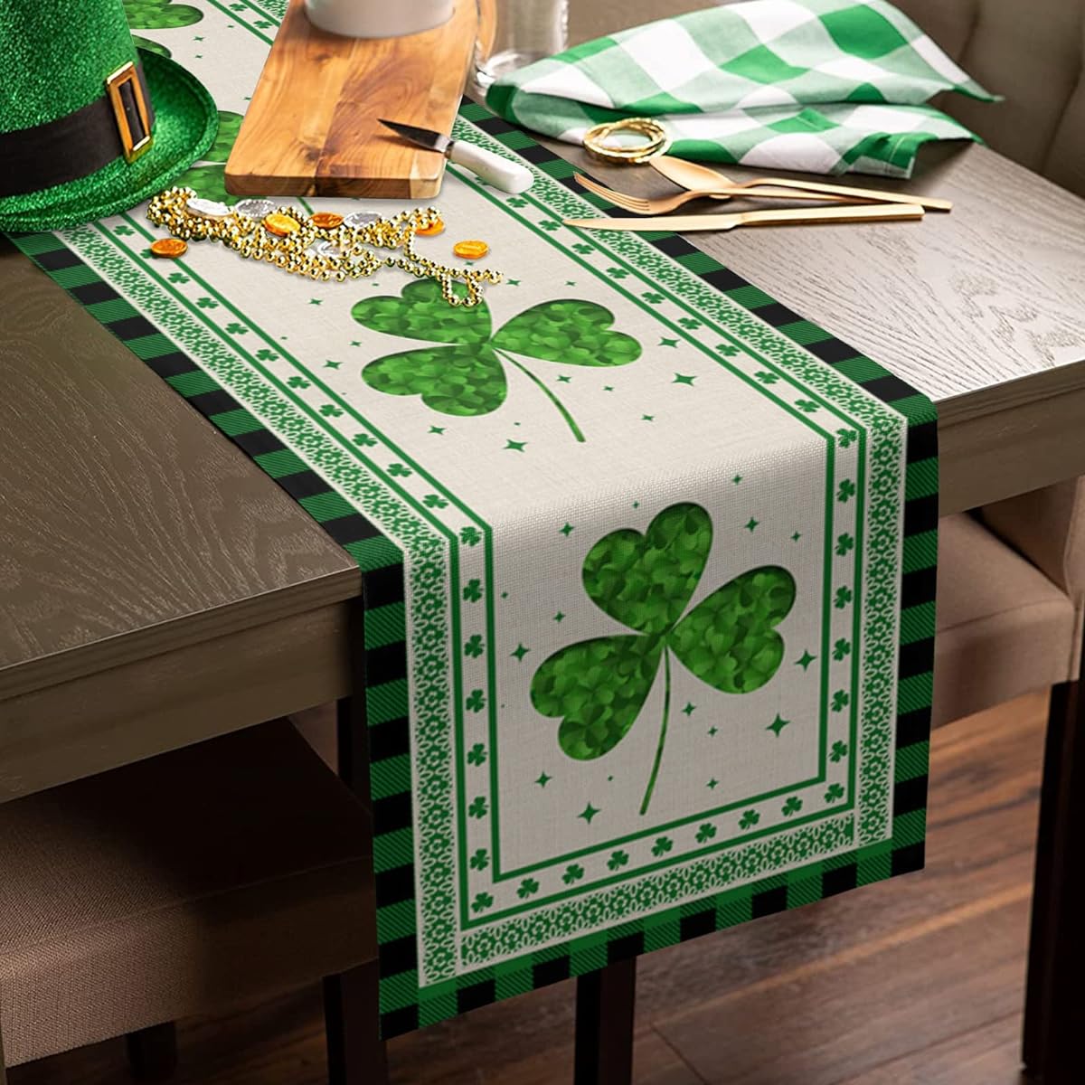 St. Patrick's Day Table Runner 36" Long Shamrock Black and Green Buffalo Check for Living Room Cotton Linen Farmhouse Table Runner for Wedding/Party 13x36"