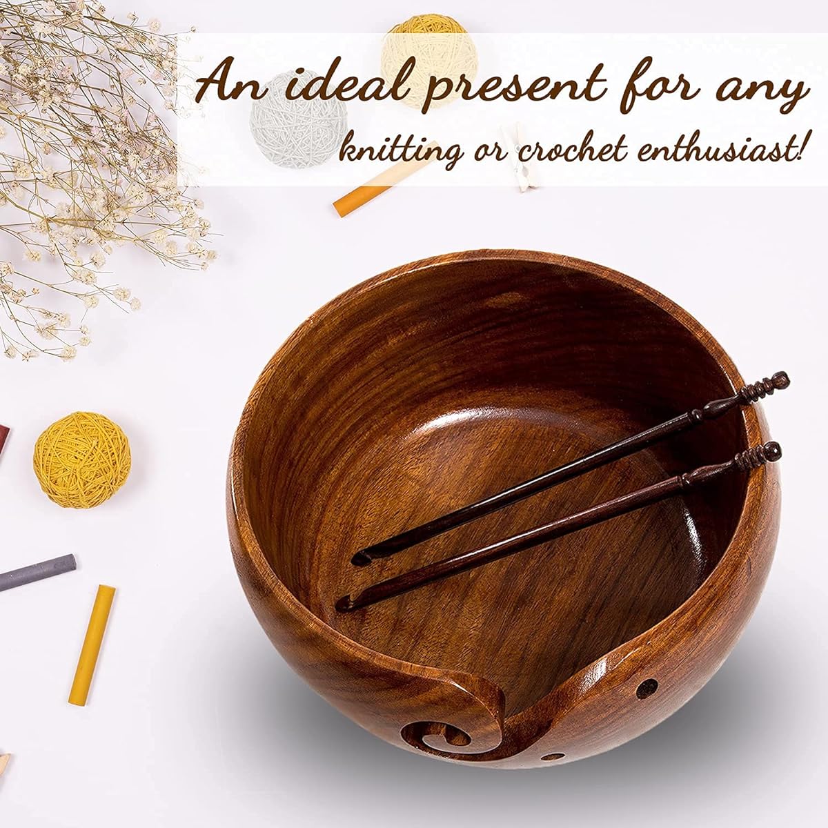 Eunoia Wooden Yarn Bowl Holder | Handmade Knitted Wool Storage Basket with Holes for Knitting, Crochet, Home & Garden Arts, Crafts & Sewing | Free Wooden Crochet Hook & Travel Bag – 7" x 4"