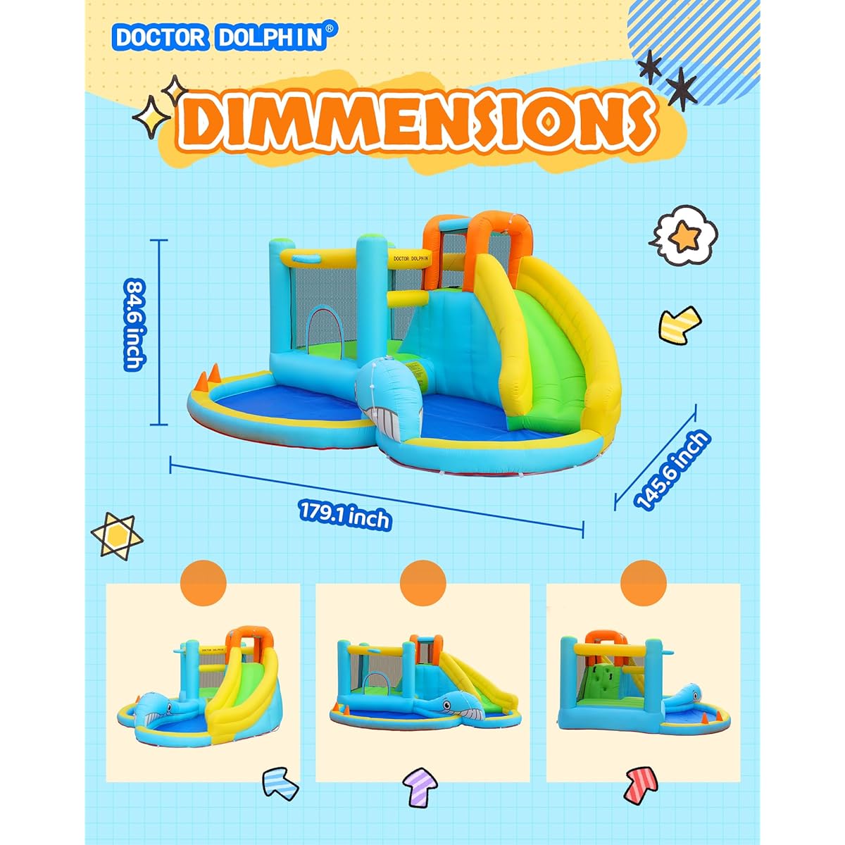 Dr. Dolphin Funny Inflatable Bounce - Jumper with Air Blower for Kids, Large Slide with Water Pool and 2 Air Blowers for Outdoor Backyard (Marine Whale Theme)