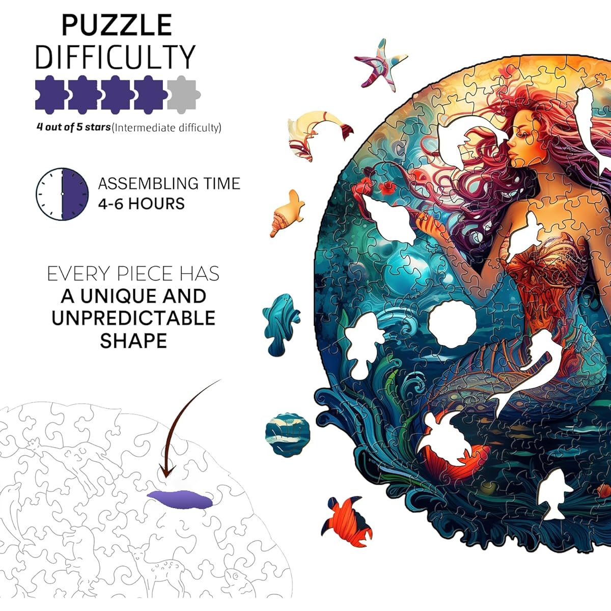 Jigfoxy Wooden Puzzles for Adults, Mermaid Wooden Jigsaw Puzzle for Adults Unique Animal Shape Woodcut Puzzle for Family Friends (L-13.3*12.6inch-280 Pieces)