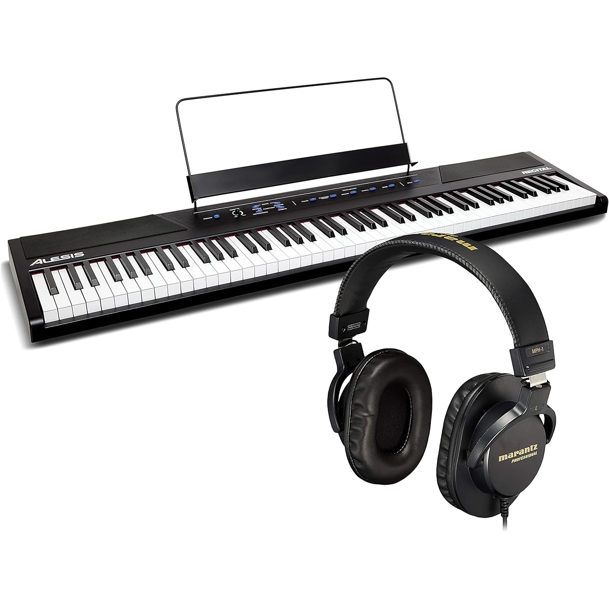 Alesis 88-key semi-weighted compact digital piano with battery power and Marantz Pro closed-type monitor headphones with 40mm drivers Recital & MPH-1