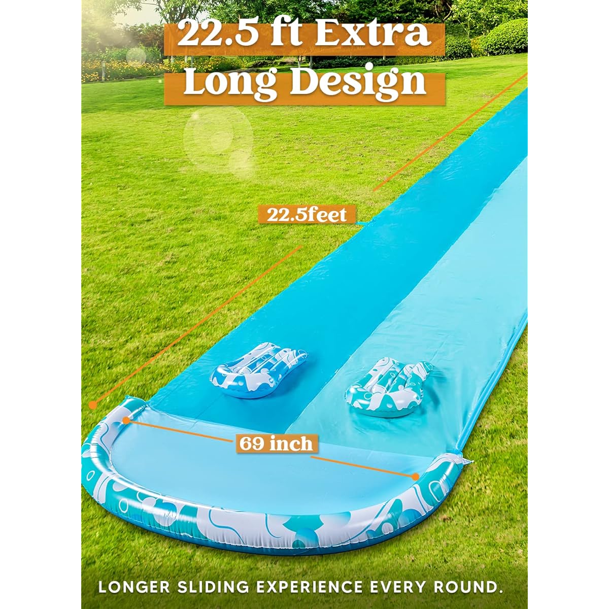 Sloosh 26' Double Water Slide, Heavy Duty Lawn Water Slide with Sprinkler and 2 Slip Inflatable Boards for Summer Yard Lawn Outdoor Water Play Activities, Light Blue