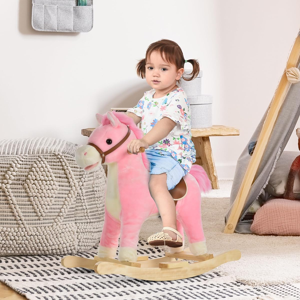 Qaba Plush Rocking Horse with Sounds Wooden Rocker and Wooden Base Baby Rocking Chair for 36-72 Months Pink