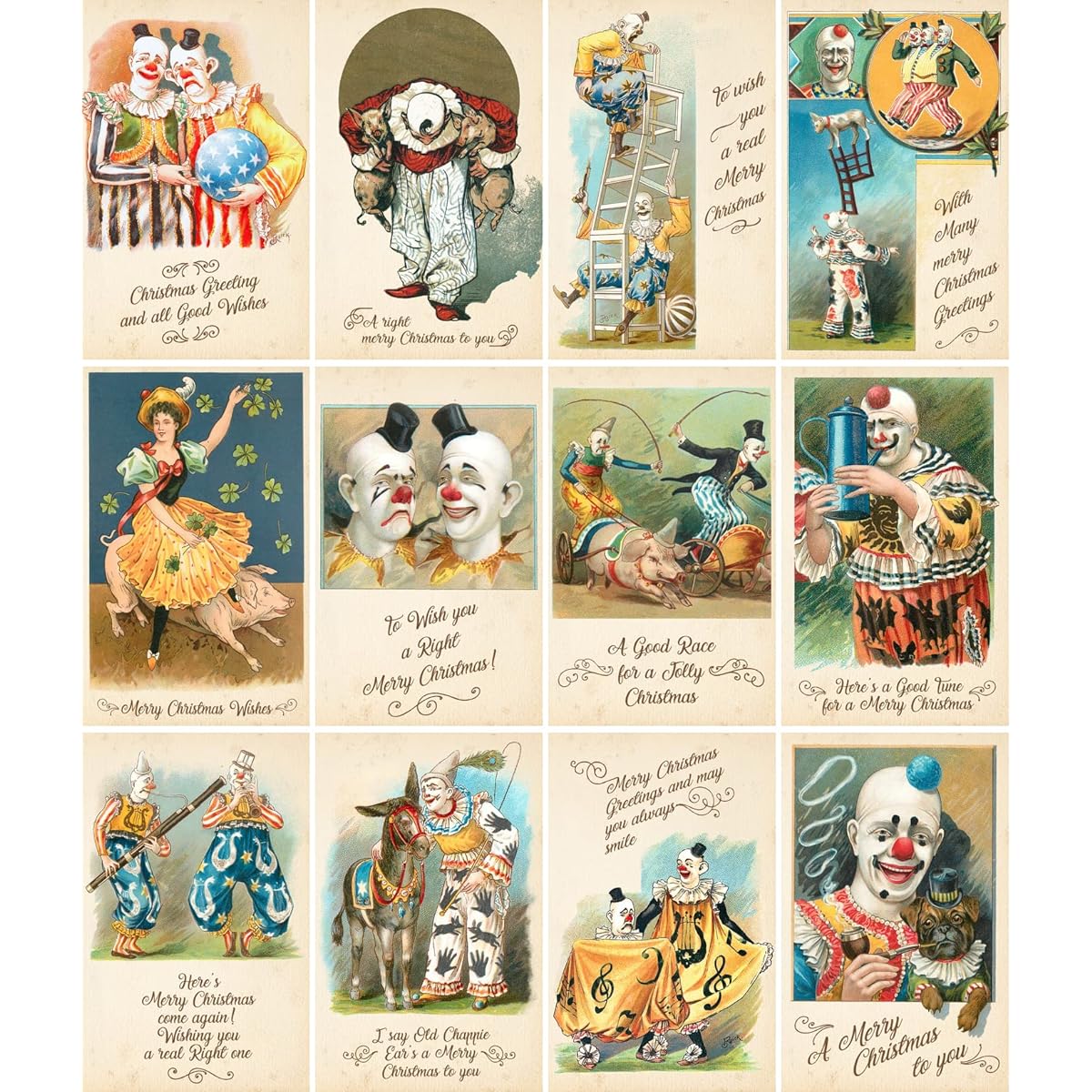 CIRCUS CHRISTMAS Greeting Cards Large 12 Cards ~ Vintage Clowns and Circus Wishing You a Merry Christmas ~ Vintage Christmas Postcards Reprint Edition