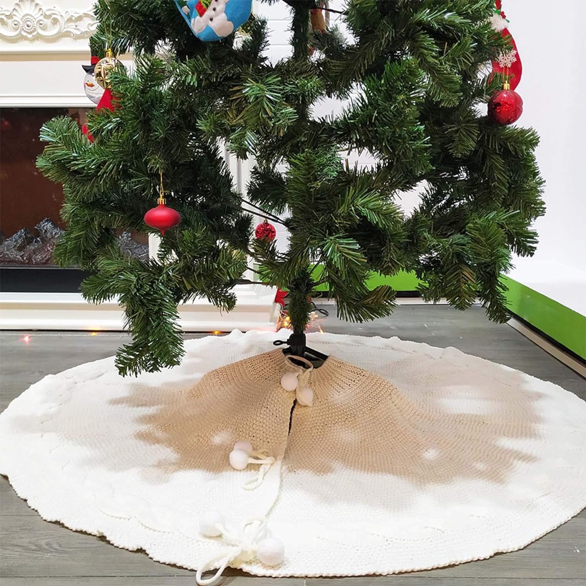 KAZOLEN Christmas Tree Skirt, 50.2 inches (121.92 cm) Knitted Thick Heavy Yarn Tree Skirt, Rustic Tree Skirt for Christmas Holiday Decorations Indoor, Burgundy and Cream (White)