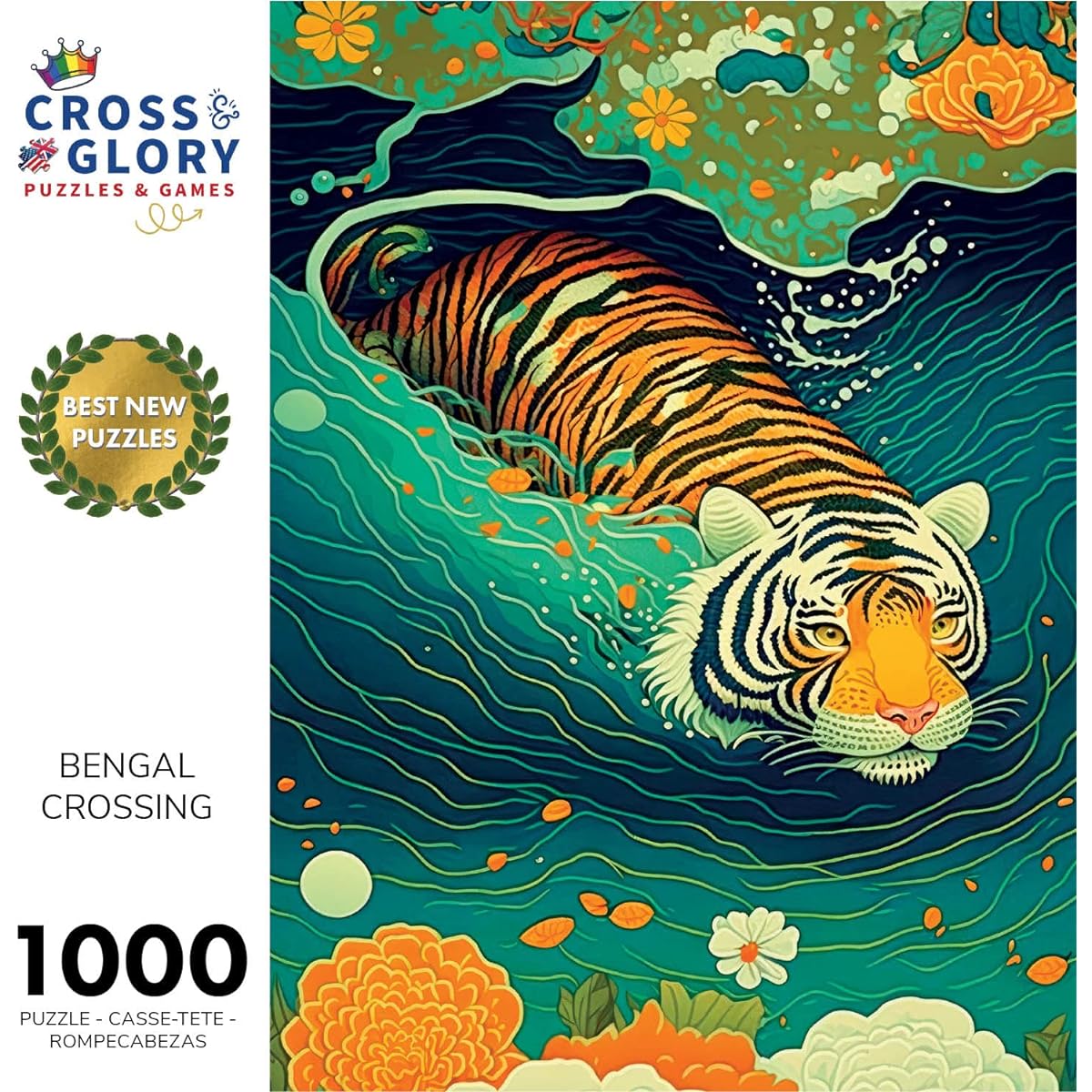 Cross & Glory Bengal Crossing 1000 Piece Jigsaw Puzzle Majestic Tiger Crossing a River Jigsaw Puzzle - Amazing Wildlife Artwork for Adults - Great Gift