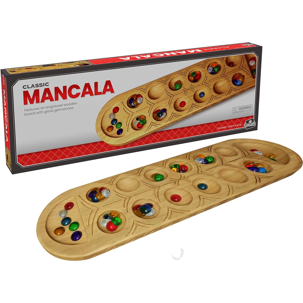 Mancala Deluxe Game - Full Size Solid Wooden Board with Stones by Pressman