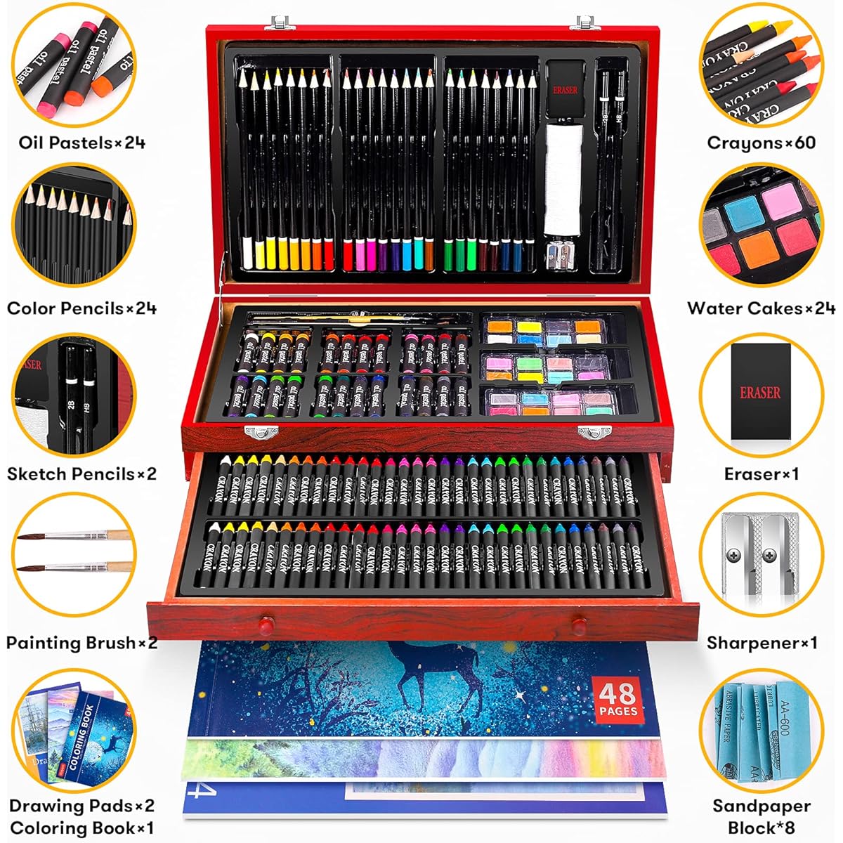 iBayam Art Supplies Deluxe Wooden Art Set 150 Pack Craft Drawing Kit with 1 Coloring Book and 2 Sketch Pads in Creative Gift Box for Adults Artists Beginners Kids Girls Boys