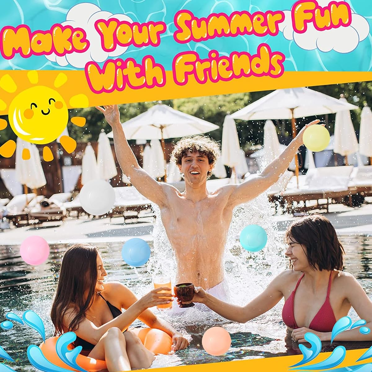 Reusable Kids Water Balloons Silicone Refillable Water Balloons Quick Fill Kids Outdoor Water Toy Splash Bomb Water Ball with Mesh Bag Summer Pool Fun Games (Pack of 12)