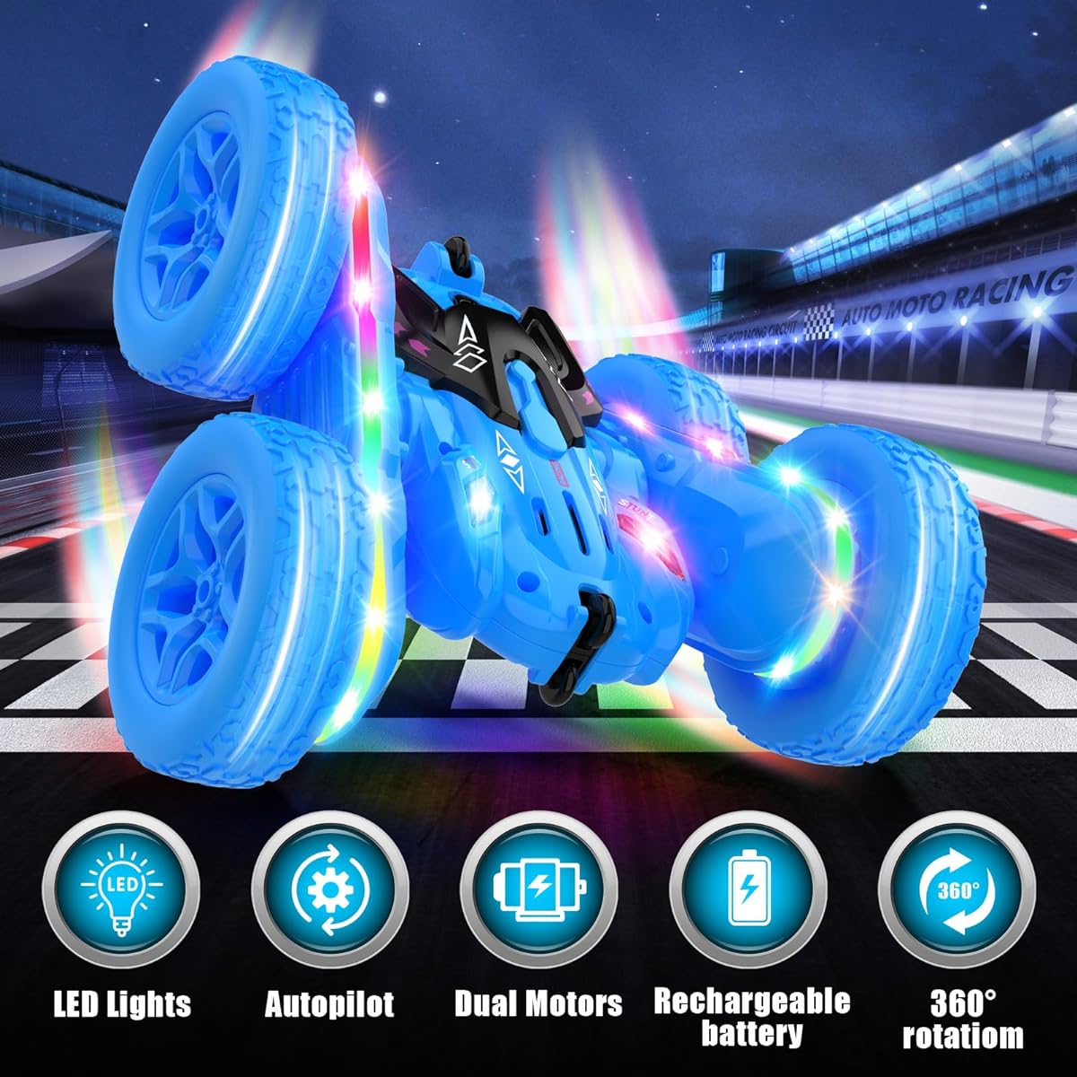 Jimdella Remote Control Car 360 Flip Rotating Stunt RC Car Double Sided RC Car with LED Lights Blue
