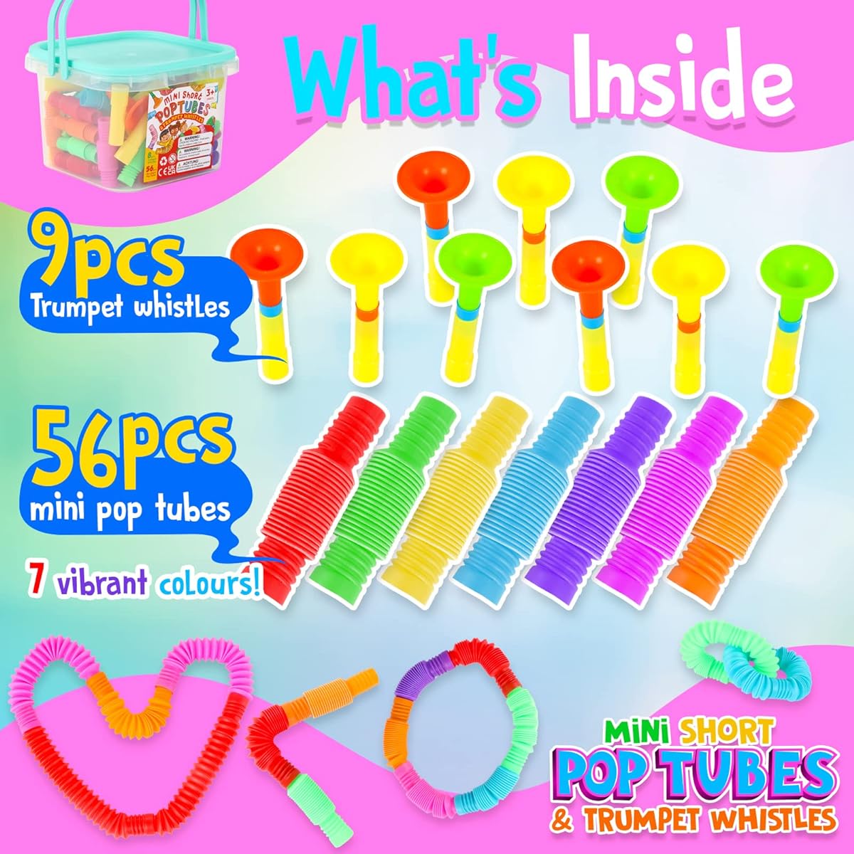 Pop Tubes Mini 56 Pack Kids Fidget Party Favors & Classroom Prizes Preschool DIY Learning Gifts Sensory Stretch Pop Tubes Bulk for Autism Hand Craft Finger Toys Set with 9 Trumpet Whistles