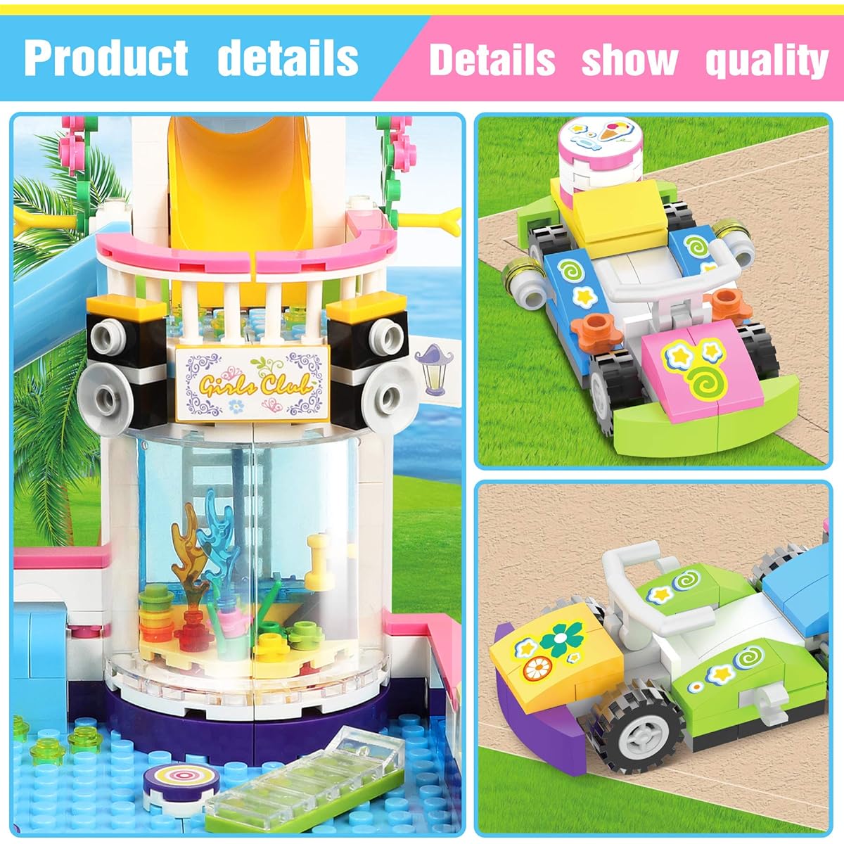 Friends Summer Pool Building Set for Girls 6-12 Years Beach Pool Party Building Blocks Toy Water Park Building Juice Bar and Car Storage Box Christmas Birthday Role Play Gift for Kids Girls 7-9 Years