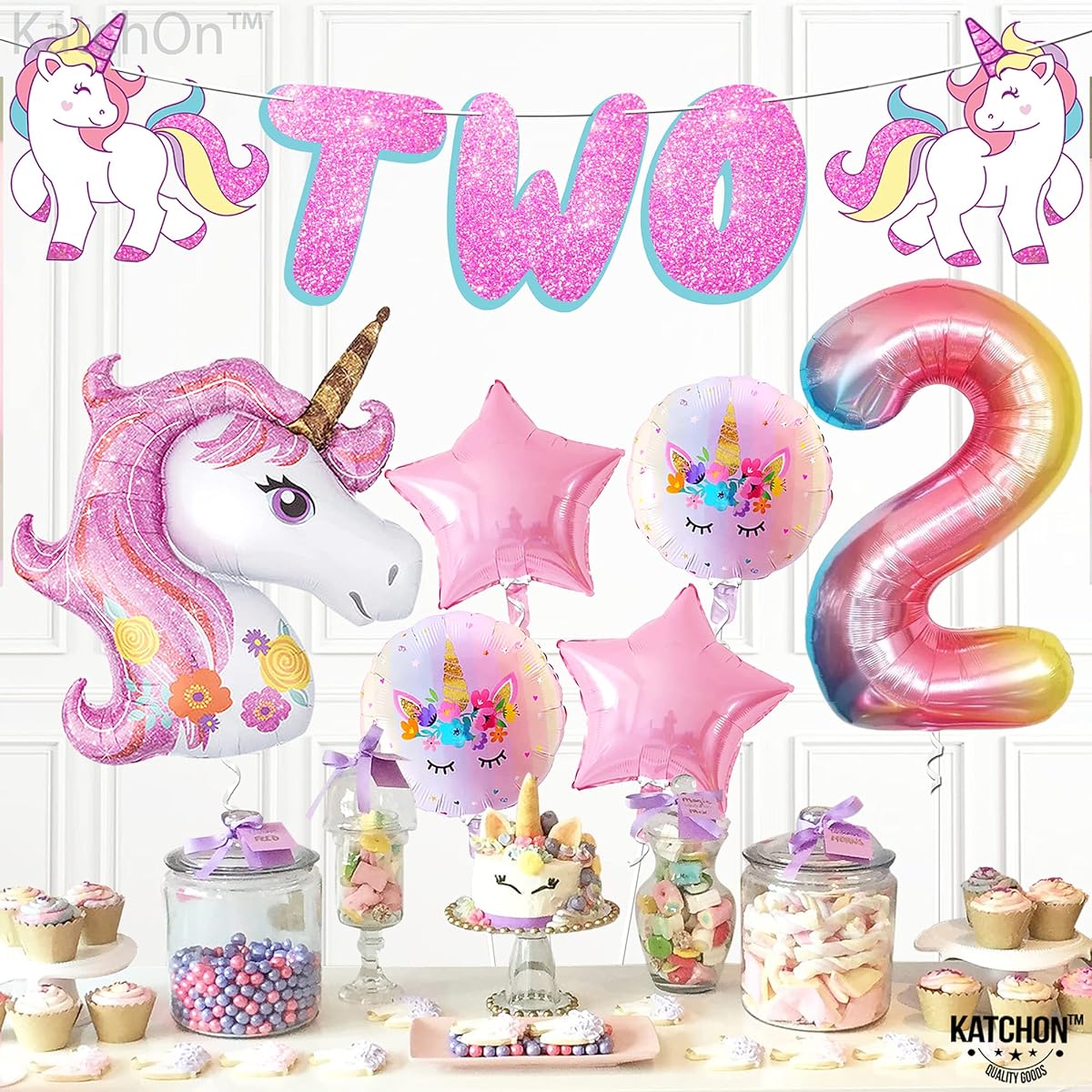 Pink Glitter 2 Banner 2nd Birthday Decorations for Girls - Extra Large 43" Unicorn Head Balloon | Number 2 Balloon 40" | for Unicorn 2nd Birthday Party Decorations