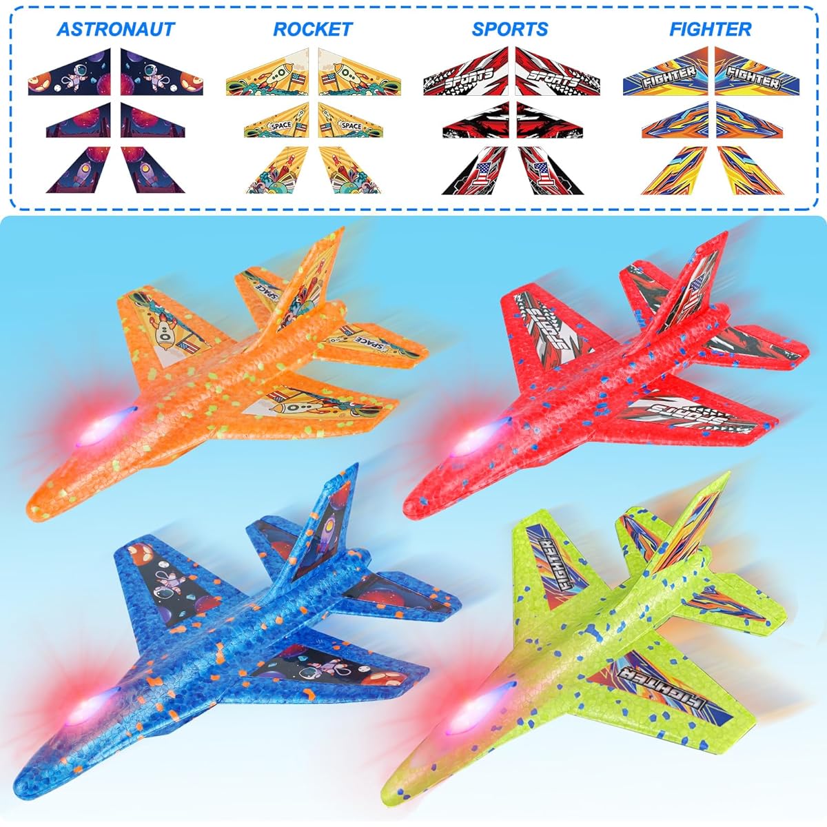 4 Pack LED Plane Toy with 2 Launchers F-16 Fighting Falcon Outdoor Toys 9.1" Foam Glider Catapult Plane Outdoor Flying Toys Birthday Gifts Toys for 4 5 6 7 8 9 10 11 12 Year Old Boys