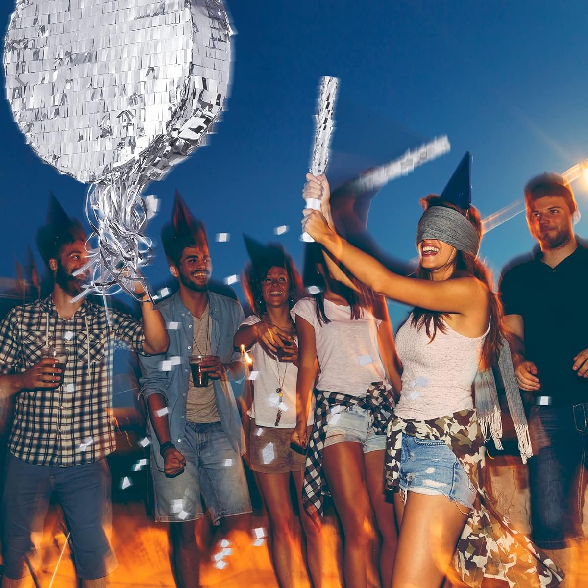 Disco Ball Small Pinata Pinata Stick with Blindfold and Confetti Silver Foil Pinata for Birthday Party Small Pinata for Kids Adults Retro Birthday Game Party Decoration Supplies Favors (Round Shape)