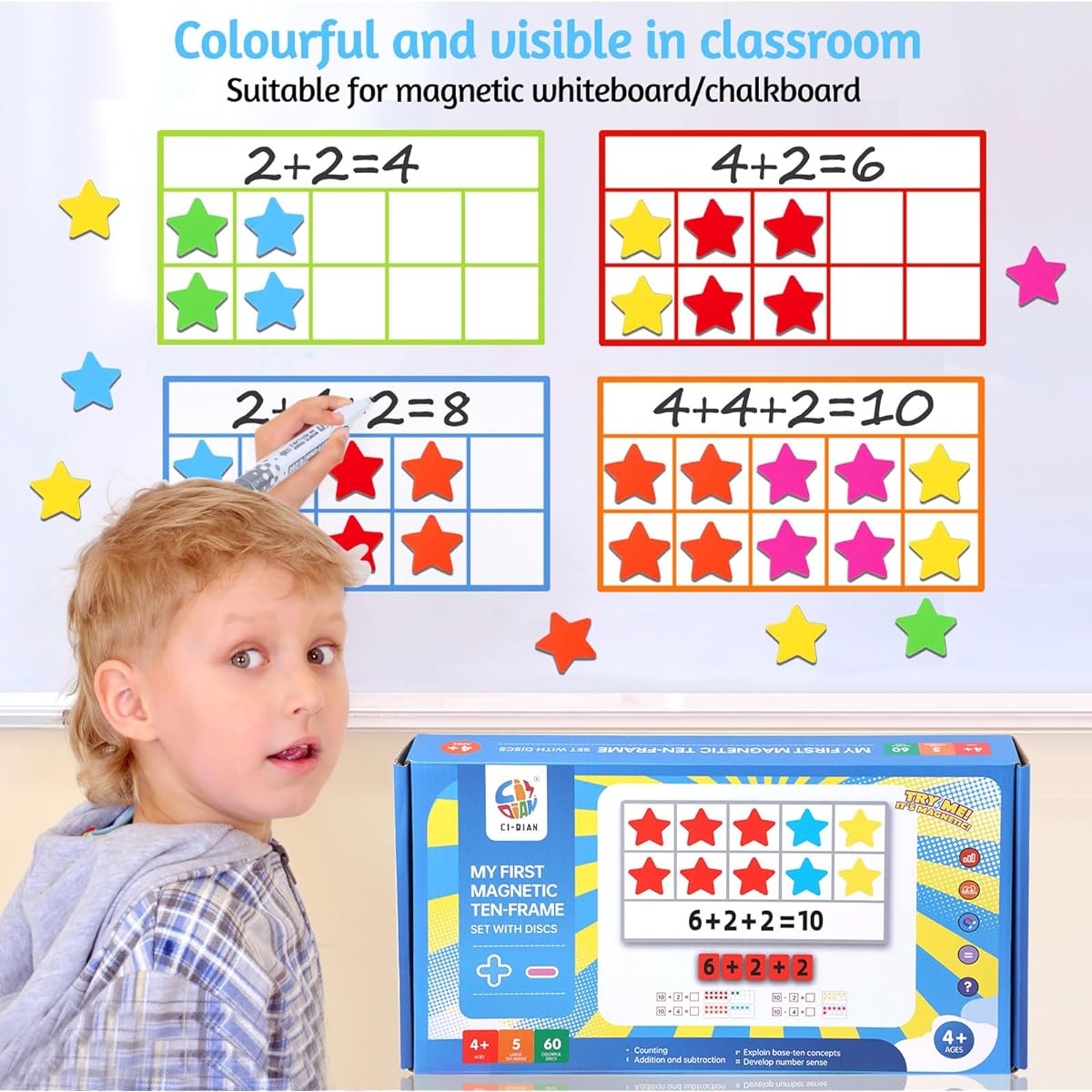 10 Magnet Frame Set for Kids Ages 3+ Math Manipulation 1st Grade 6 Dry Erase Board Frame Boards with Blank Writing Space and 66 Magnetic Counters for Kindergarten Learning Addition Games Teacher Tutoring Supplies