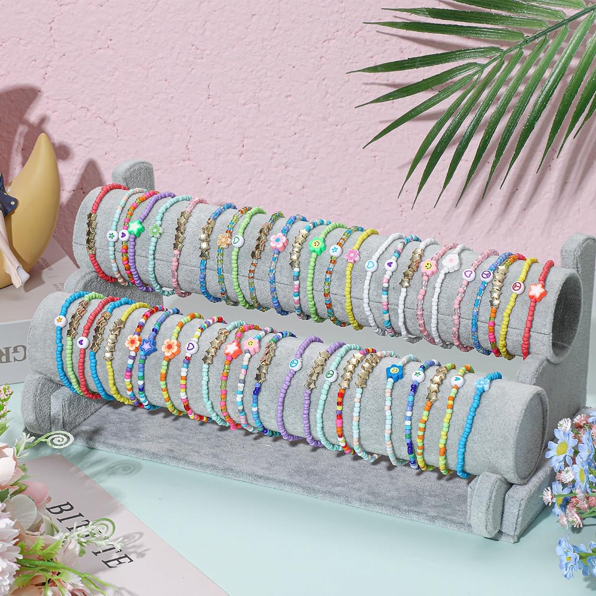 Otuuz 48pcs Colorful Kids Friendship Bracelets Set, Adjustable Beaded Bracelets Cute Friendship Princess Pretend Play Bracelets Stretch Beaded Bracelets Preppy Bracelet Set for Girls Women