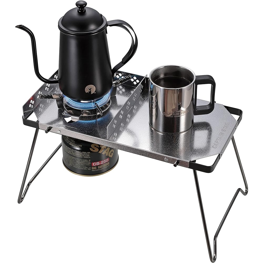 CAPTAIN STAG Outdoor Table Auric Fitted Table with Windshield and Storage Bag Embossed Stainless Steel UF-34