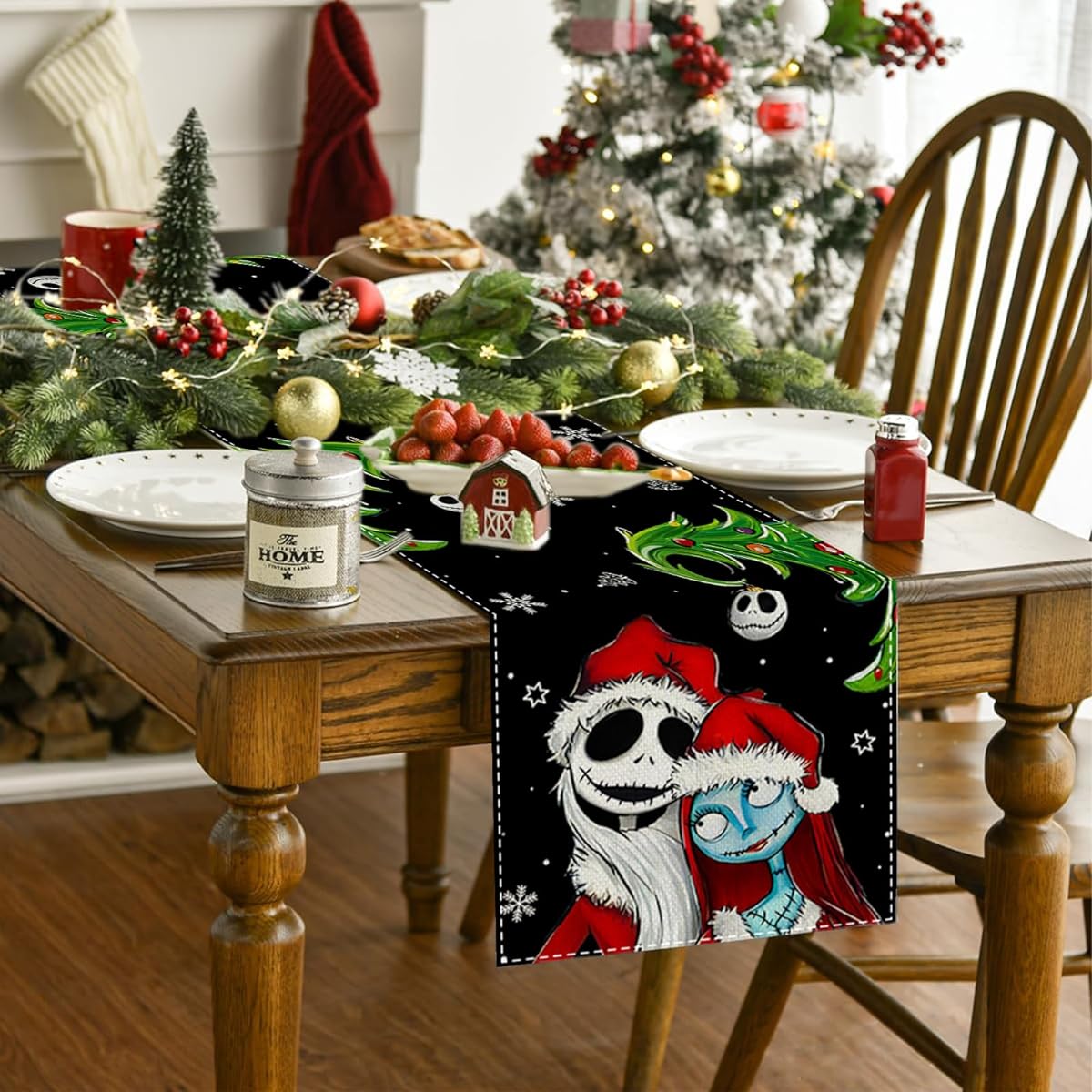 Christmas Table Runner Halloween Tablecloth Christmas Nightmare Before Decor Jack and Sally Christmas Decorations for Home Party