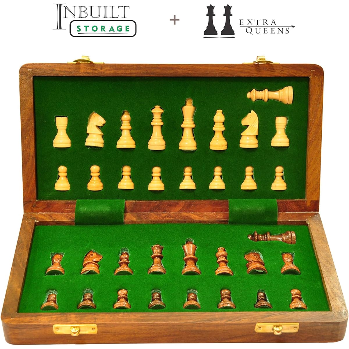 Palm Royal Handicrafts - Handmade Magnetic Wooden Folding Chess Board Set with Storage and Extra Queen for Chessmen Size: 10 x 10 inches.