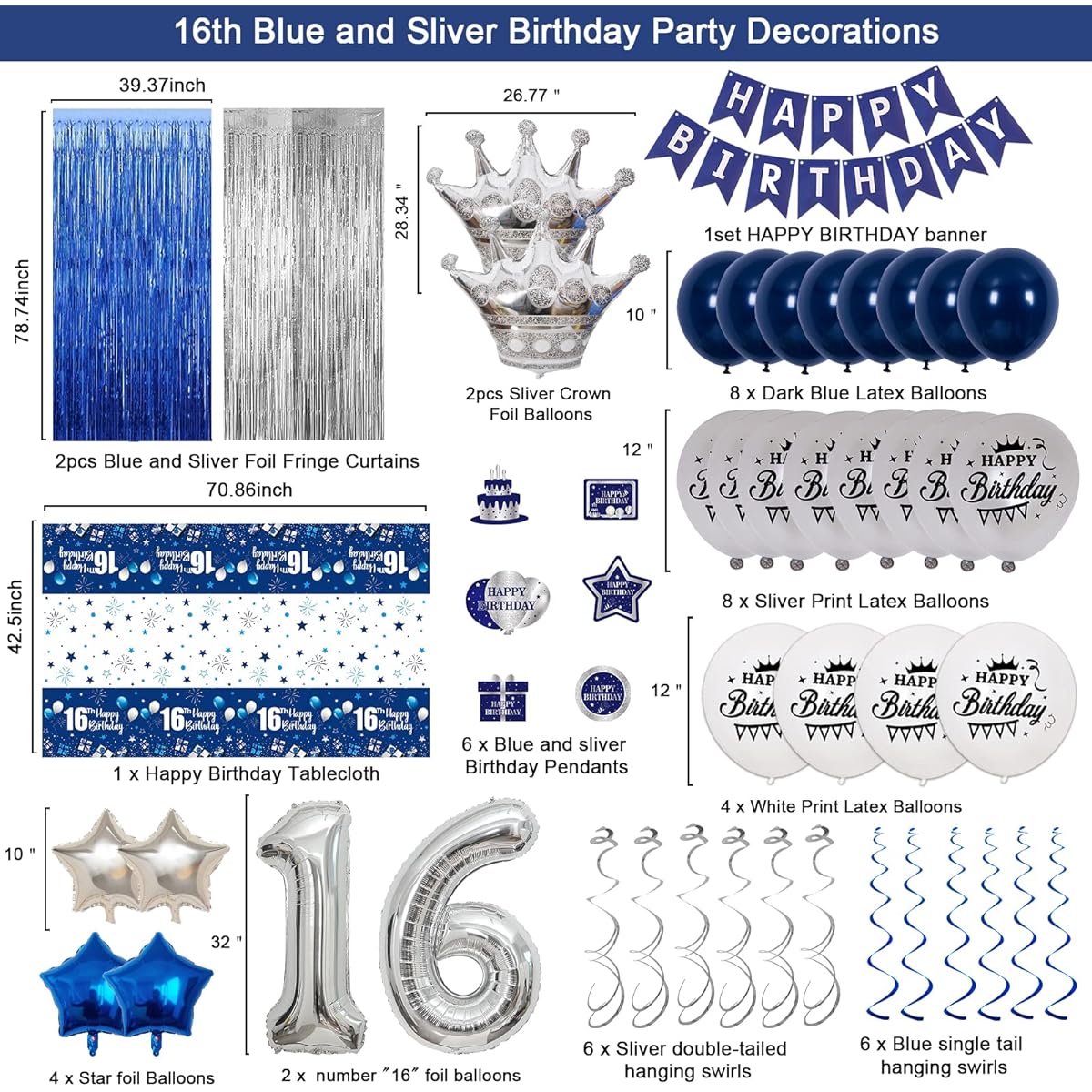 16th Birthday Decorations for Boy/Girl - Sweet 16th Birthday Decorations Blue and Silver HAPPY 16th BIRTHDAY Banner Balloon Tablecloth - 16th Birthday Party Supplies