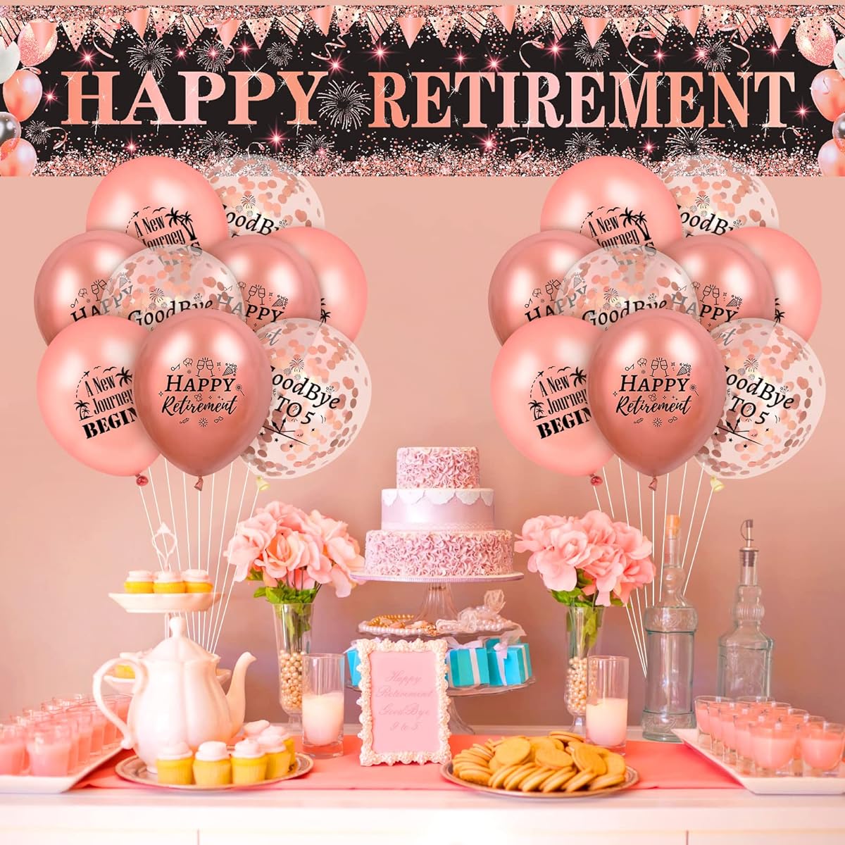 Happy Retirement Decorations for Women, Large Rose Gold and Black Happy Retirement Banner Yard Sign with 18 Rose Gold Retirement Balloons for Women Men Retirement Farewell Anniversary Party Supplies
