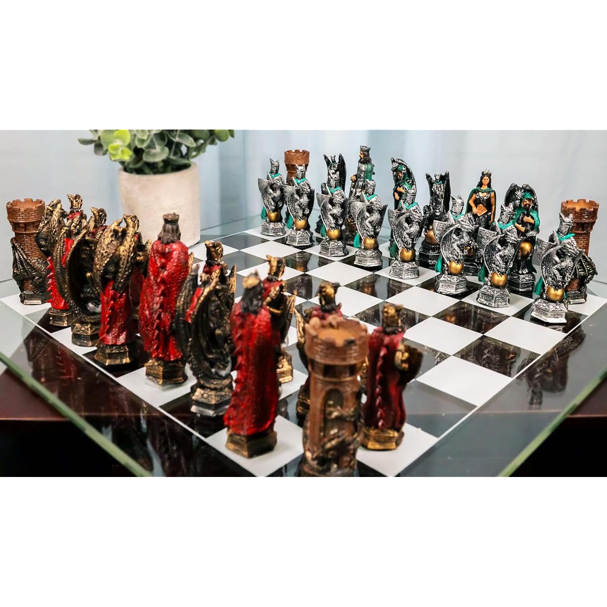Ebros Gift Colorful Hand Painted Legends of Medieval Kings Arthur Merlin Wizards and Dragons Resin Chess Pieces 15" x 15" Checkered Frosted Clear Glass Board Set Game Board