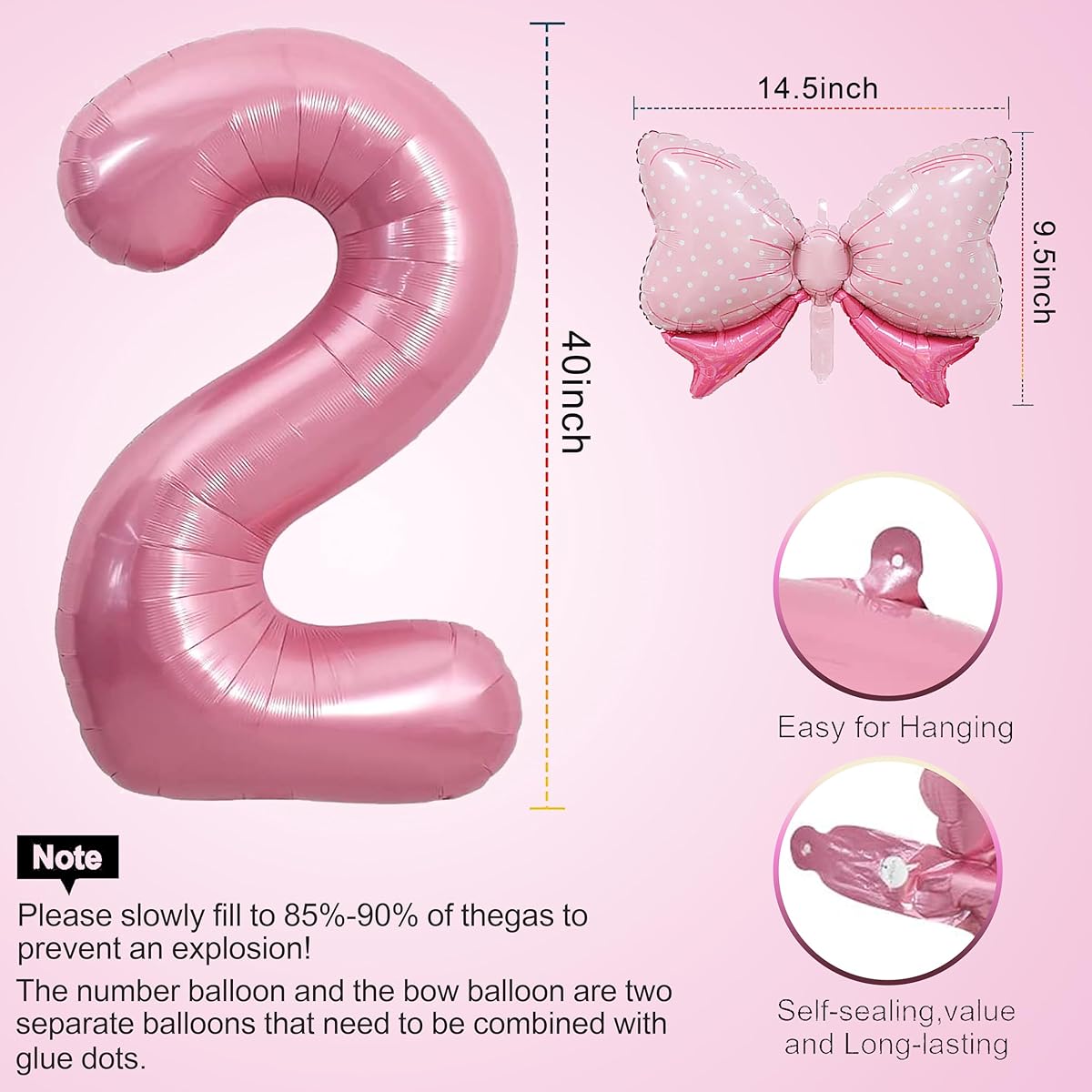 40 Inch Pink Number 2 Balloons & Mini Ribbon Balloons Girls Birthday Party Decorations 2nd Birthday Party Decorations Pink Theme Party Balloons Decoration Supplies