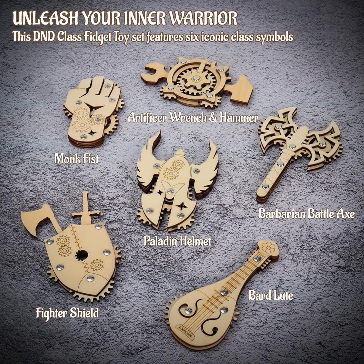 DND Class Fidget Toys Set of 6 Birch Plywood Laser Cut Gear Linkage ADHD Relief Toys for TTRPG Gamers - Ideal Gift for Tabletop RPG Players and Dungeon Masters