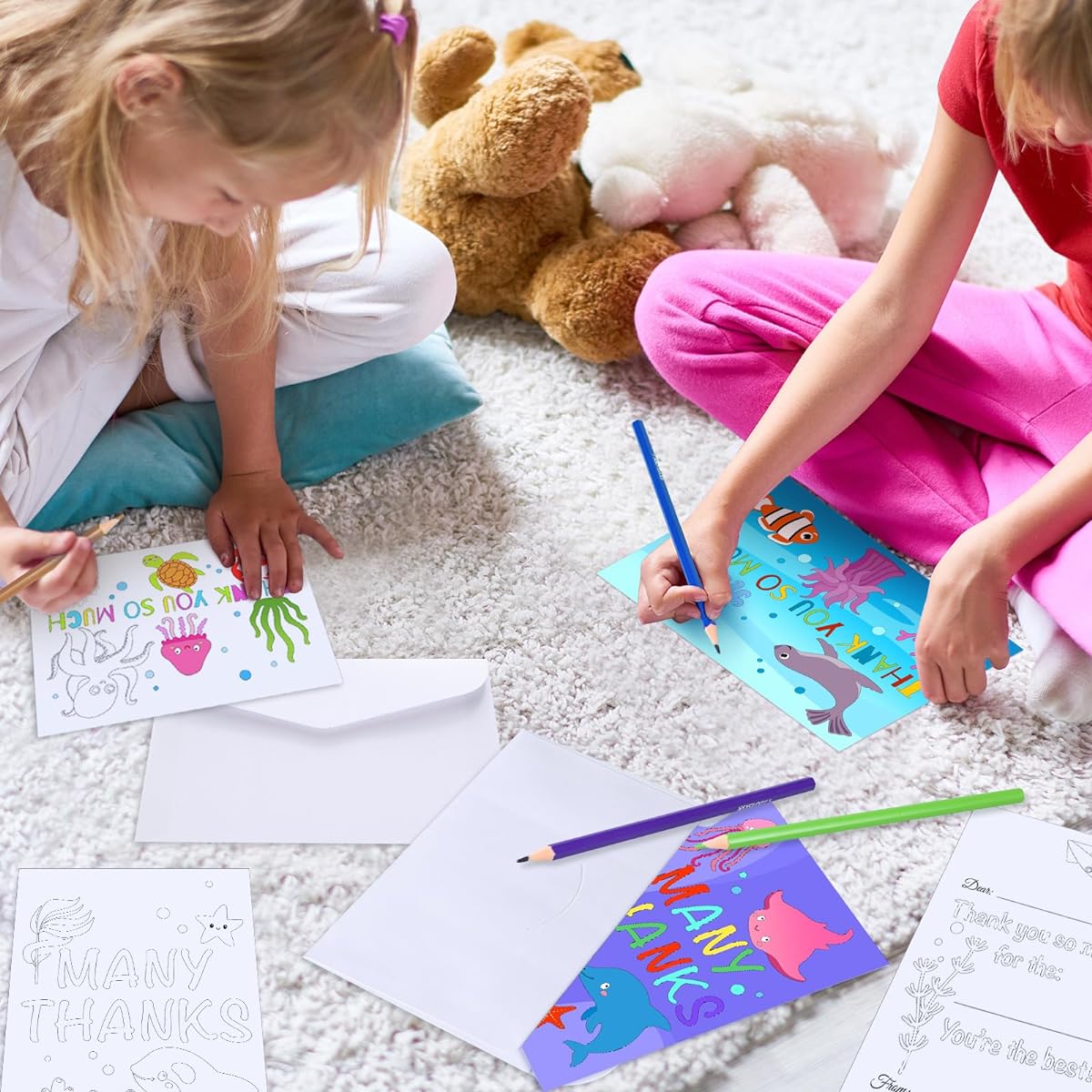 Humyoun Coloring Thank You Cards for Kids, Sea Animals Coloring Cards with Envelopes and Crayons, Fill in the Blank Thank You Cards, Sea Animals Thank You Cards for School/Summer Party, 108 Sheets
