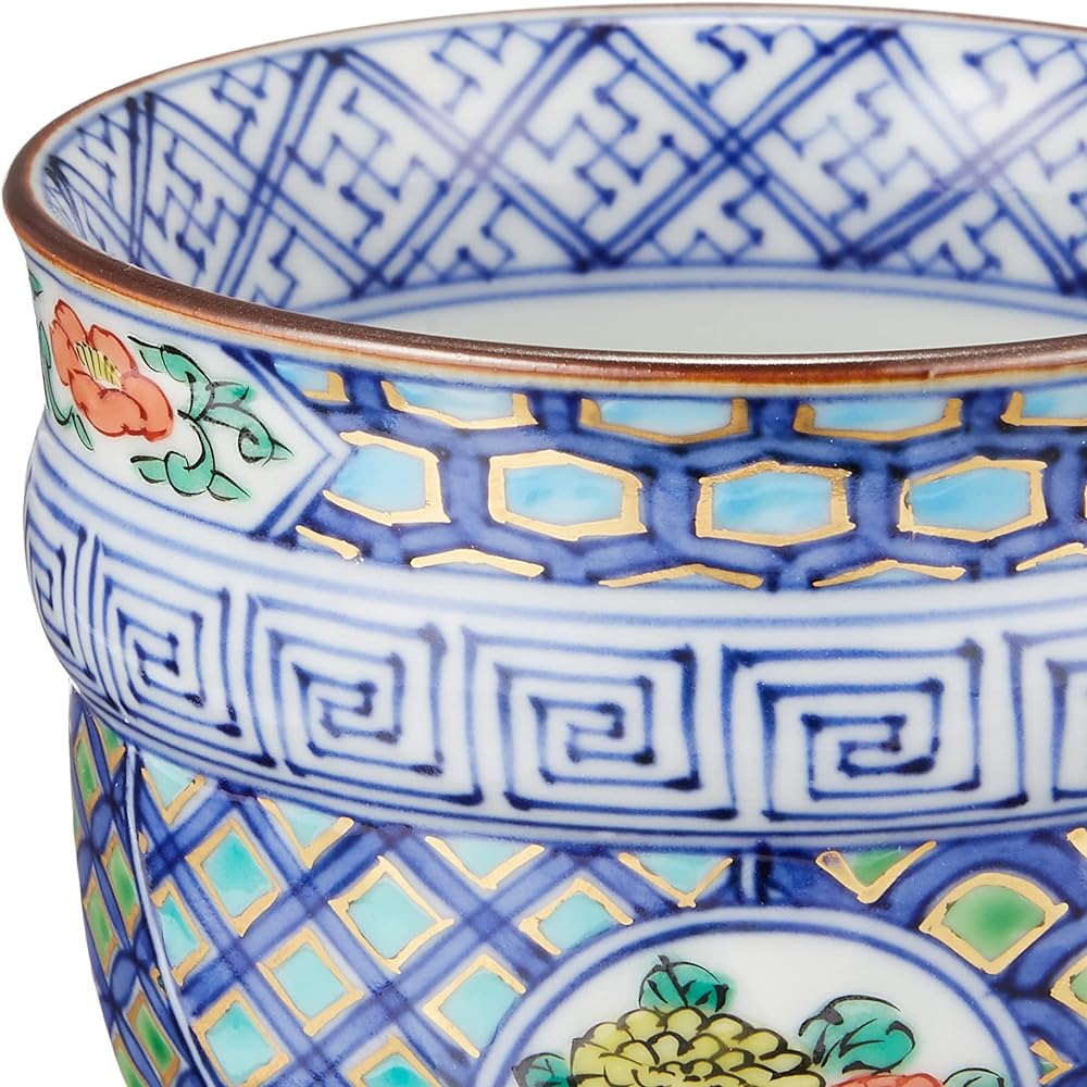 Kyoto ware, Kiyomizu ware, Shoami kiln, small teacup, colored illustration, round patterned flowers UAM685