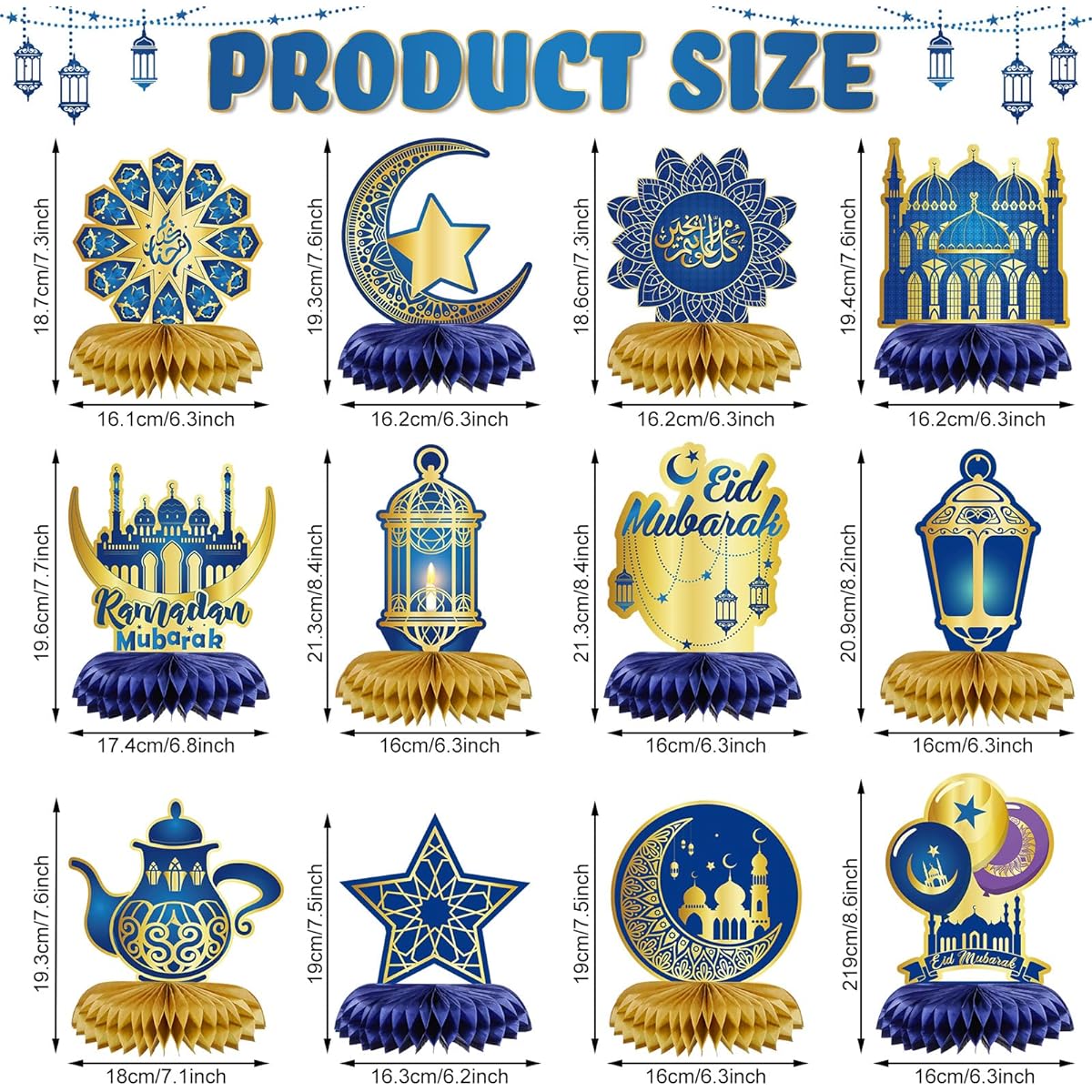 Ramadan Mubarak Decor Blue and Gold Eid Mubarak Honeycomb Centerpieces Decorations Shiny Gold Star Moon Lantern Table Toppers for Eid Al Fitr Party Islamic Holiday Favors 12pcs