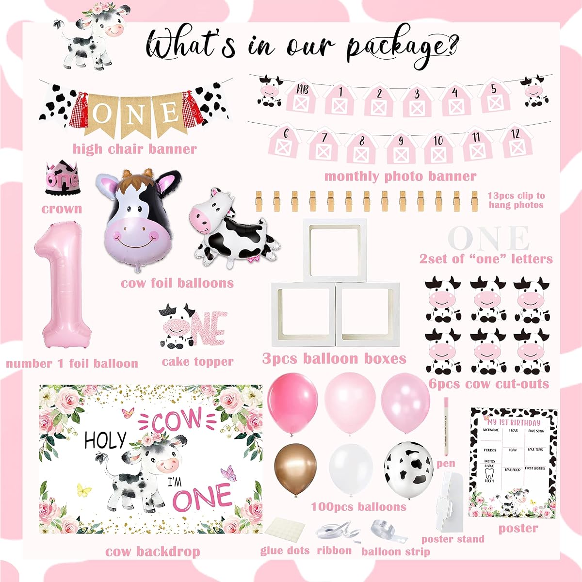 Birhgt Holy Cow I'M One Birthday Decorations for Girls Farm Cow First Birthday Party Supplies First Birthday Girl Decorations Banner Topper Balloon Garland Arch Kit Box Crown for Girls First Birthday Decorations