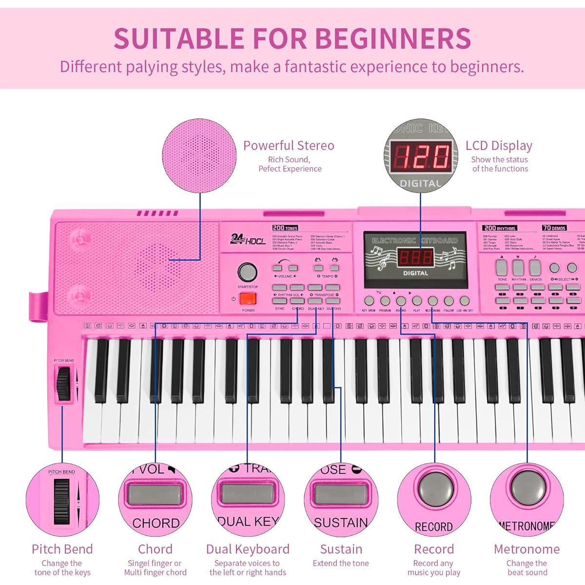 24HOCL 61 Key Premium Electric Keyboard Piano for Beginners with Built-in Stand and Dual Speakers/Microphone/Headphones/Stand/Display Panel