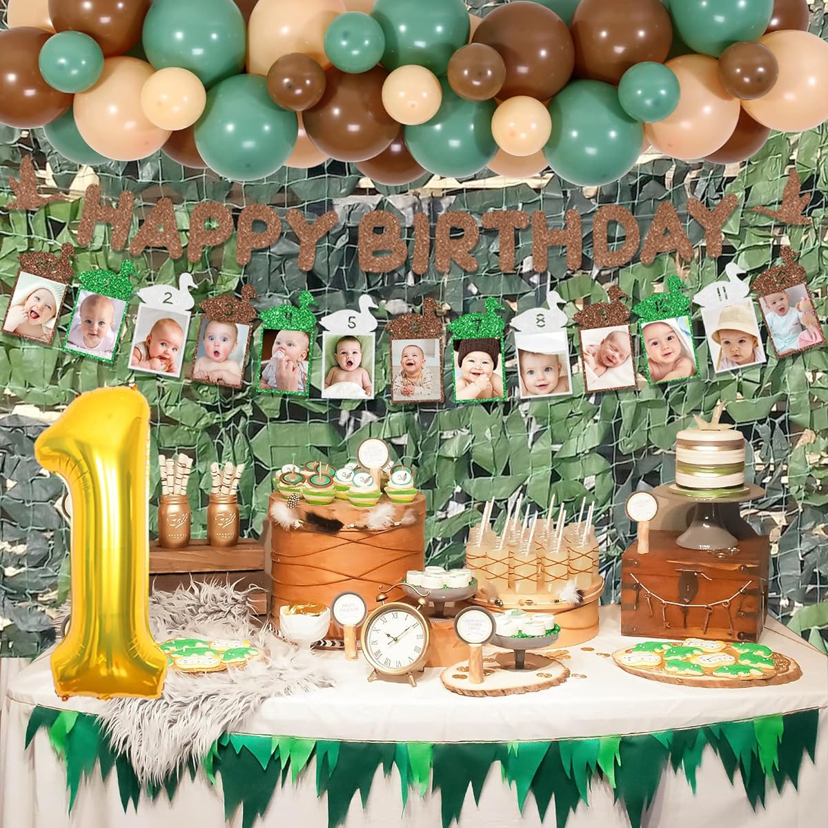 Duck Hunting 1st Birthday Decorations, Duck Hunting Happy Birthday Banner, Cake Topper, Highchair Banner, Photo Banner, Hunting Birthday Party Decorations for Boy's First Birthday