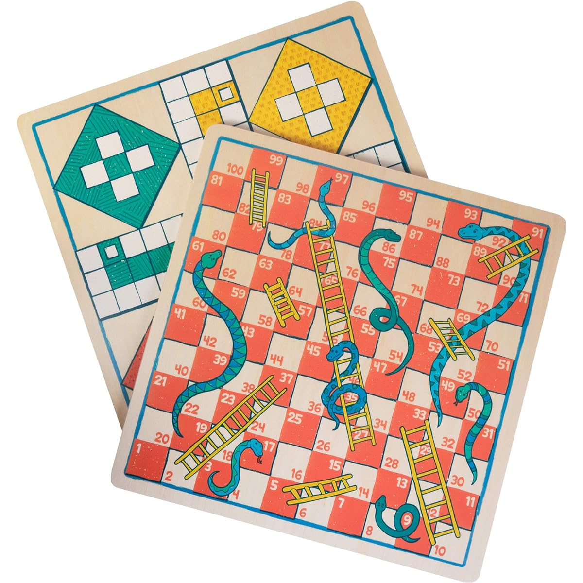Ludo + Snakes & Ladders Wooden Board Game 2 Pack - Set of 2 Games - Kids Family Pachisi Learning Dice Game for Adults & Kids - Classic 12" x 12" Double-Sided Board for 2-4 Players