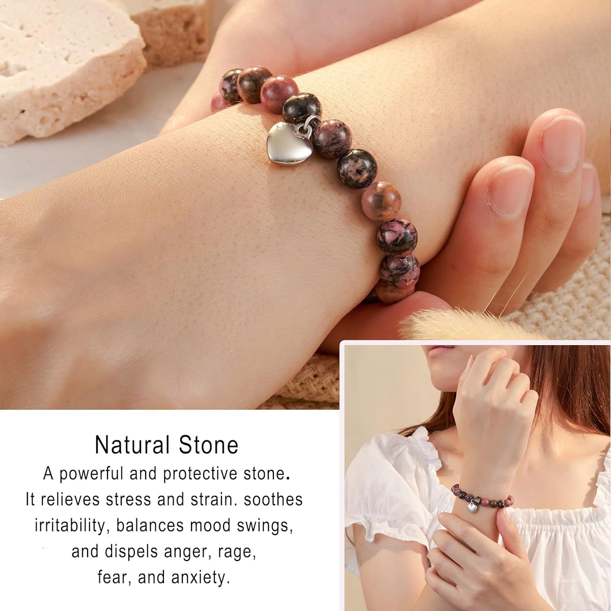 HGDEER Natural Stone Heart Bracelet Christmas Birthday Gift for Mom/Mother in Law/Boyfriend Mom