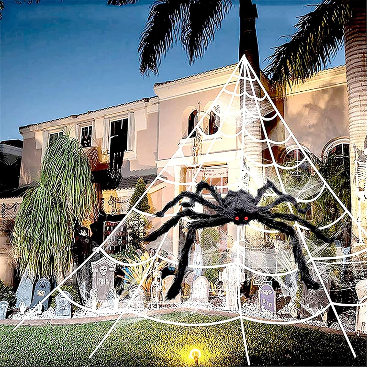 HOMEEQUIP 200" Halloween Spider Web Outdoor + 59" Giant Spider Decoration + 4 Fake Spider Webs Halloween Decorations Yard Costume Party Haunted House Decor