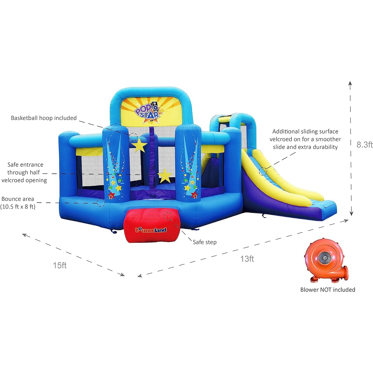 Bounceland Pop Star Inflatable Bounce House Bouncer (No Blower) Large Bounce Area Long Slide Climbing Wall Basketball Hoop 15' x 13' x 8' Pop Star Kids Party Theme