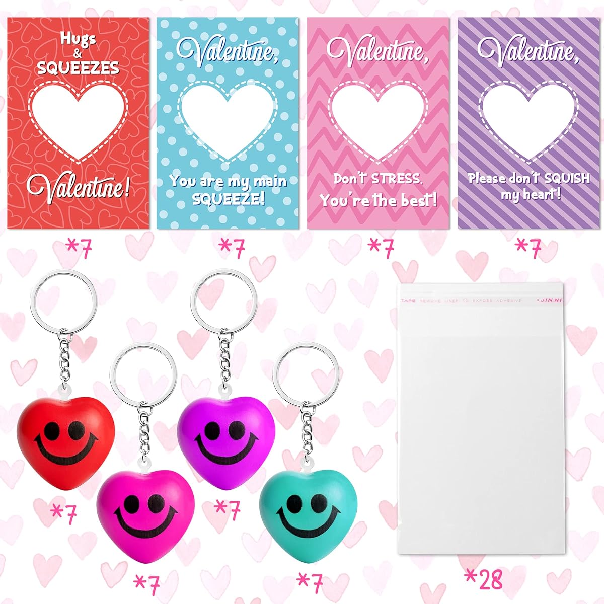 Haooryx 28 Pack Valentine's Day Card Heart Shape Stress Ball Keychain