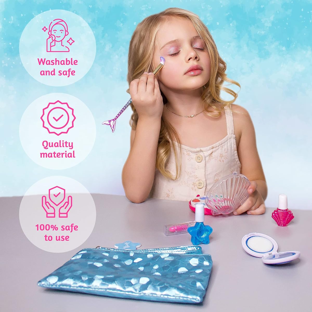 DRESS 2 PLAY Pretend Play Kids Makeup Mermaid Fairy Ocean Theme Cosmetics Set Blue Sea Pebbled Metallic Bag and Mermaid Tail Brush Set for Little Mermaid Girls Washable Non-Toxic