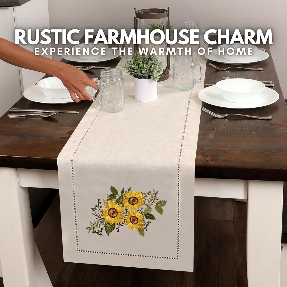 Brio Trends Sunflower Embroidered Summer Table Runner, Rustic Farmhouse Decor, Sunflower Decorations, Summer Decor for Home, Natural Beige (14" x 72")