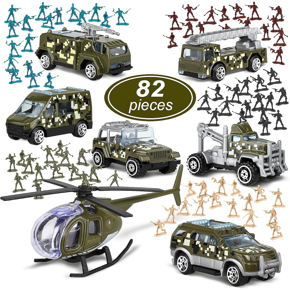 TOY Life Army Men Toys Soldiers Army Toys Plastic Green Army Men Army Action Figures Military Toys Diecast Metal Military Vehicles Playset & Accessories with Bag Toy Helicopter for Boys Girls
